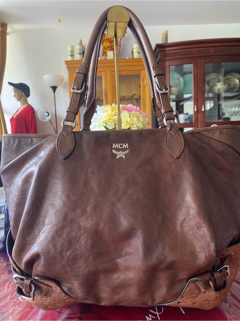 MCM Chocolate Brown Leather Shoulder Tote with Silver Logo